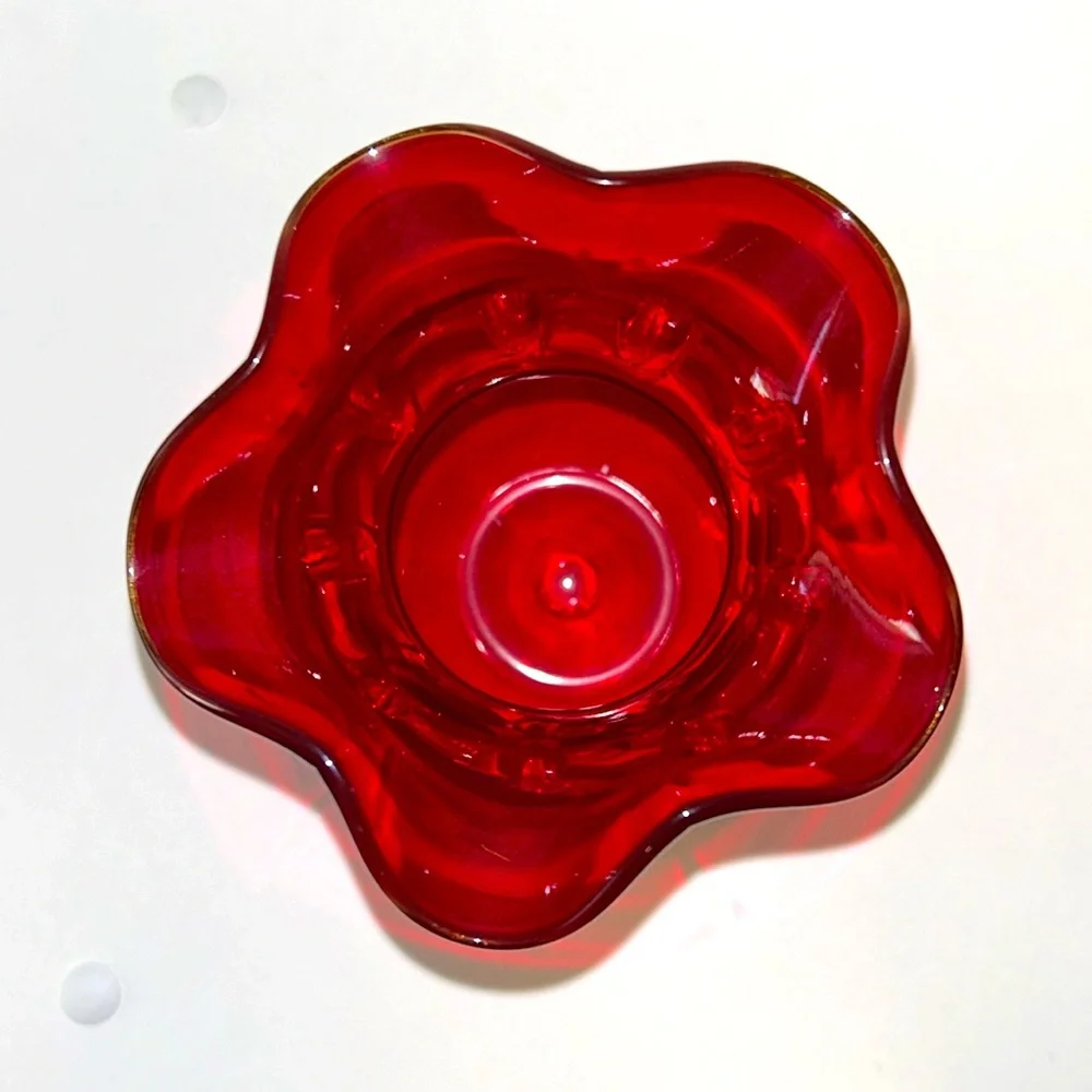 Viking Glass Ruby Red and Clear Ruffle Top Bud Glass Vase Marked